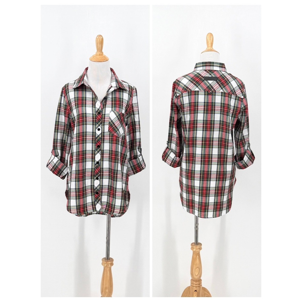 BlackMilk Button Down Shirt Women 10 Multicolor Tartan Plaid Roll Tab Casual